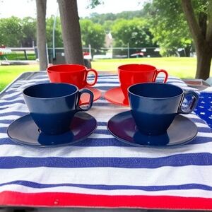 4 Boonton Ware Coffee Cup Saucer Set Red Navy Blue Melamine‎ Melmac USA Made MCM